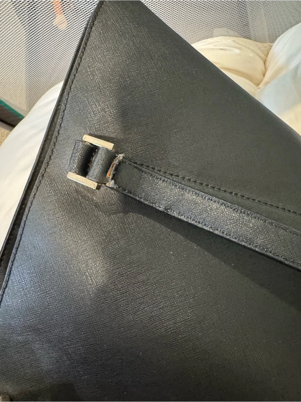kate spade black leather tote with gold plaque